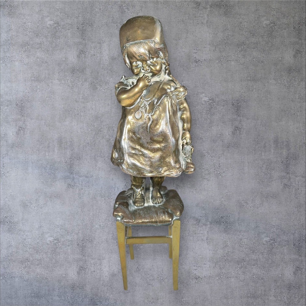 Vintage‎ Brass Sculpture of Young Girl Standing On Stool Holding Her Shoe 13"